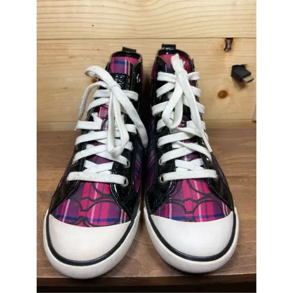Coach Britney Women's Pink, Purple & Blue Monogram Hi Top Sneakers with Buckle A - Picture 3 of 12